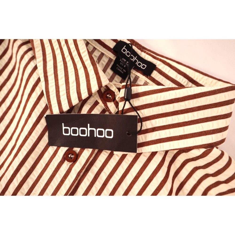 Boohoo women's Striped beach shirt chocolate Button-Up Long Sleeve Size 4 petit - Picture 16 of 16
